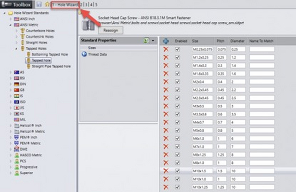  在 Toolbox 孔向导中添加其他孔尺寸（使用 Excel）