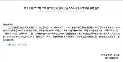 转发关于公布2025年广东省市政工程建设优秀QC小组活动成果名单的通知