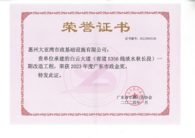 白云大道(省道S356线淡水秋长段)-期改造工程，荣获 2023 年度广东市政金奖