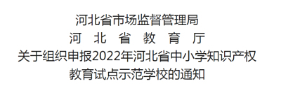 河北省市场监督管理局 河北省教育厅 关于组织申报2022年河北省中小学知识产权 教育试点示范学校的通知