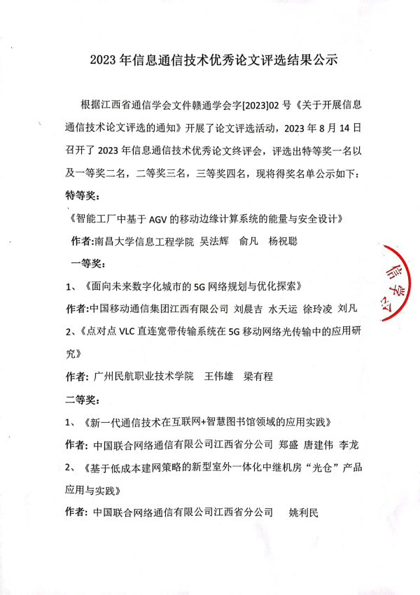 2023年信息通信技术优秀论文评选结果公示
