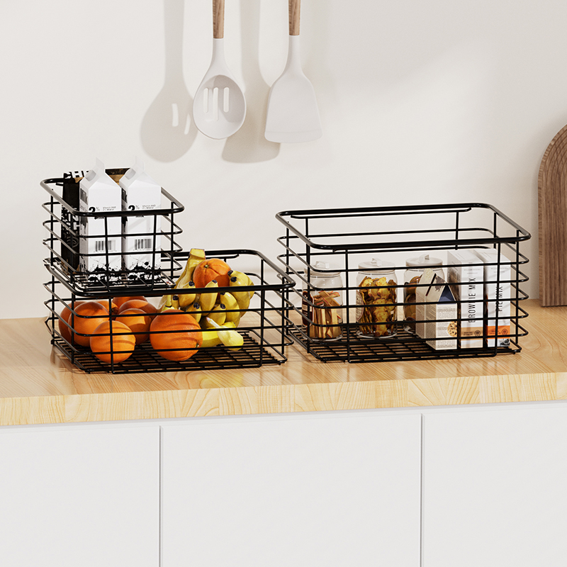 华瑧家用厨房浴室多层铁艺收纳篮可堆叠橱柜水果桌面拉网置物架