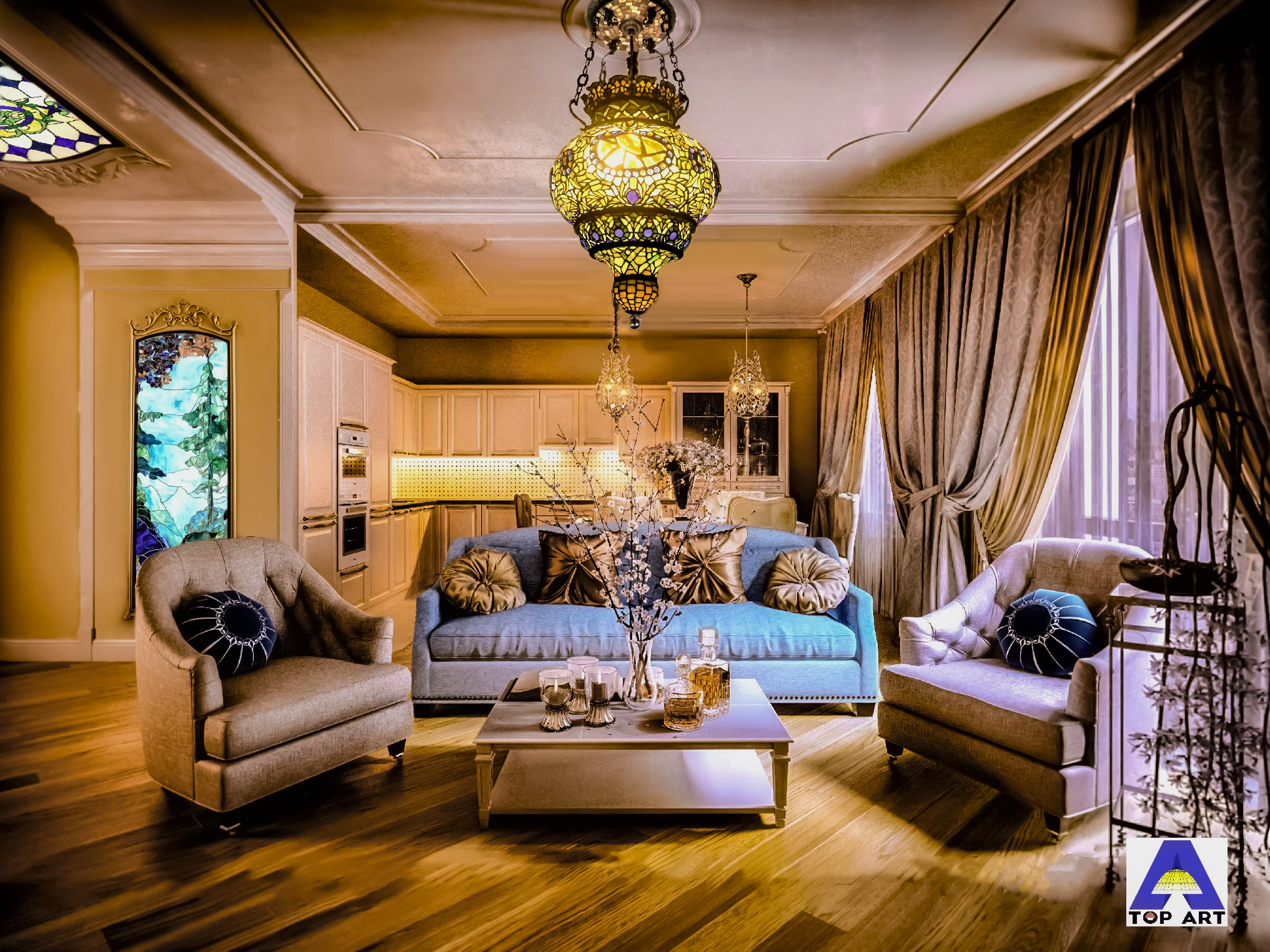 Indoor chandeliers and wall decorations