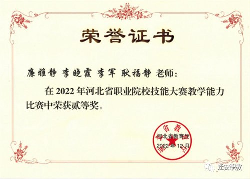 喜讯：迁安职教中心教师在2022年河北省职业院校技能大赛教学能力比赛中取得优异成绩