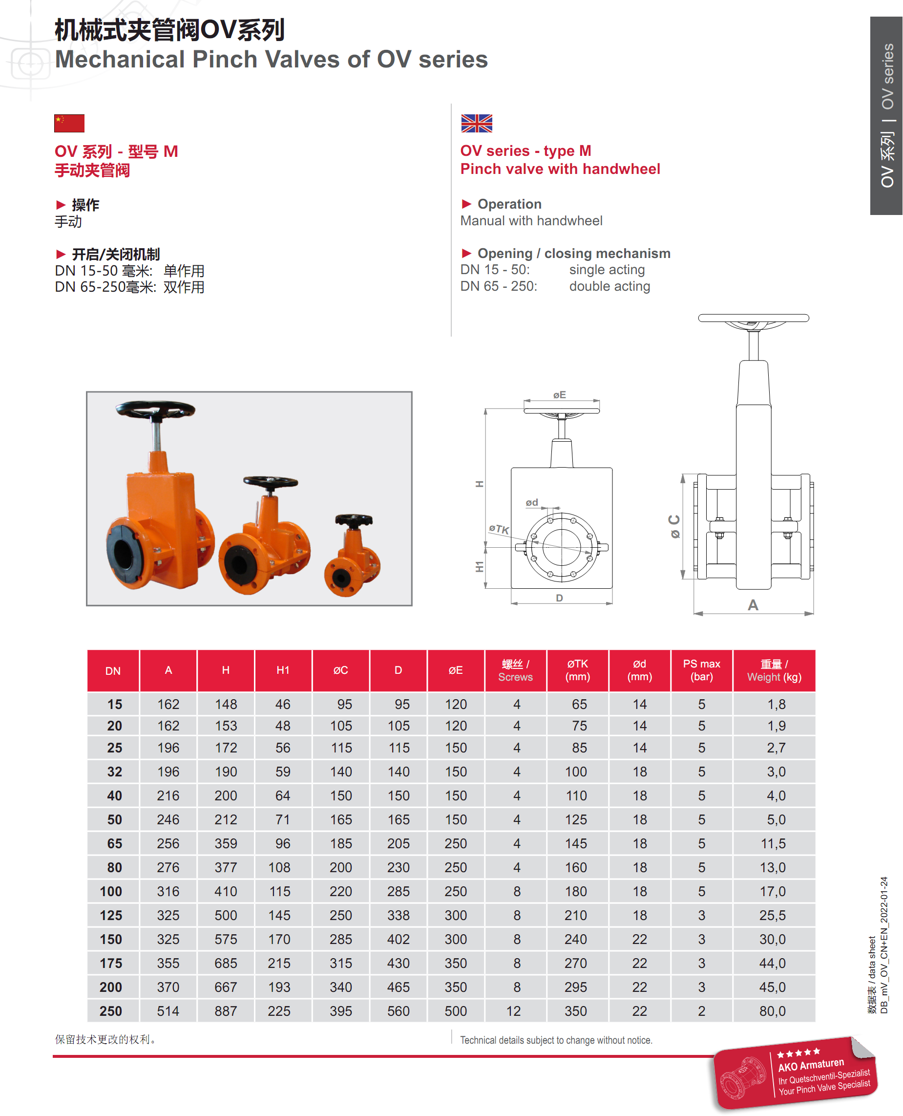 OV手动管夹阀参数表