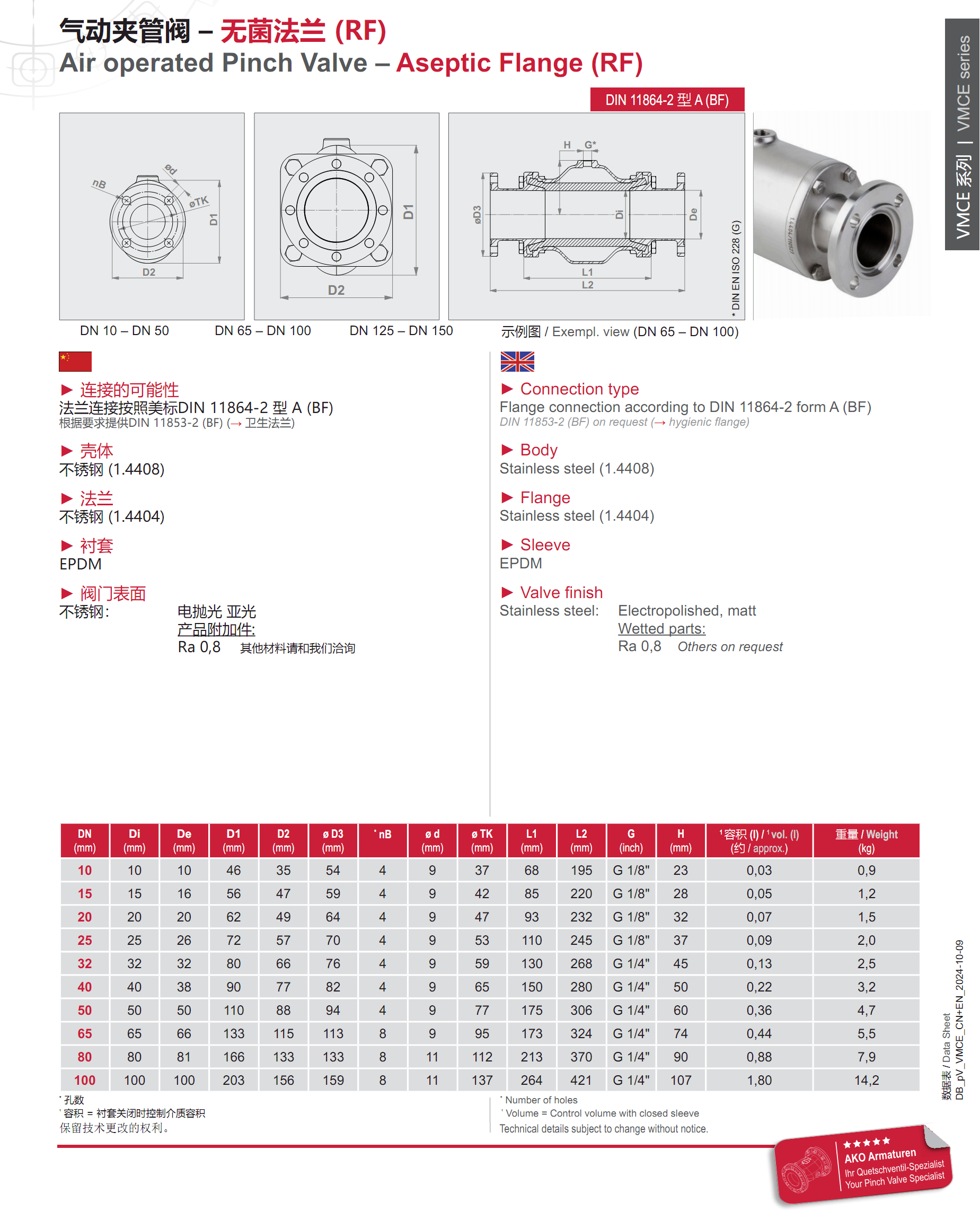 VMCE卫生级气囊阀参数表