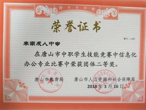 唐山市中职学生技能竞赛信息化办公专业团体二等奖