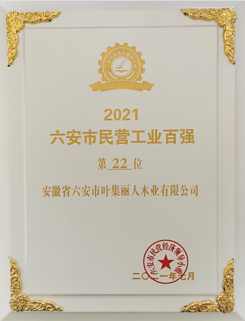 叶集丽人木业再获“2021六安市民营工业百强”称号